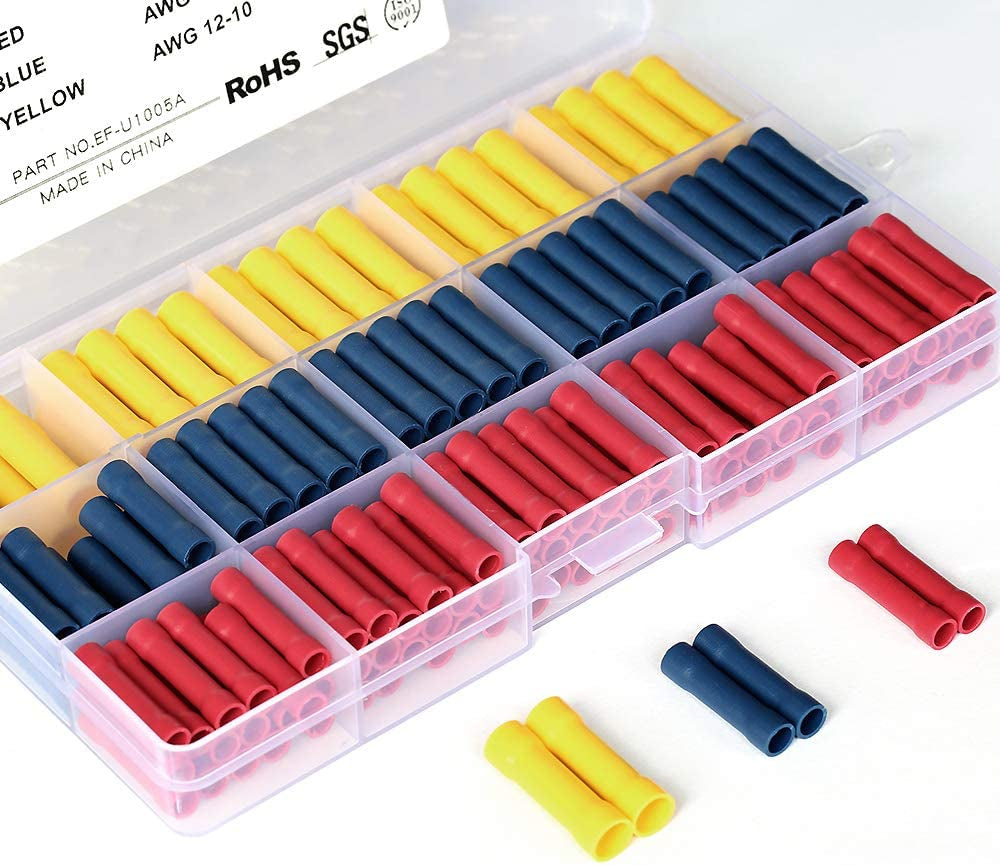 200pcs 10-22AWG Assorted Butt Splice Crimp Connectors Electrical Straight Wire Terminal Connectors