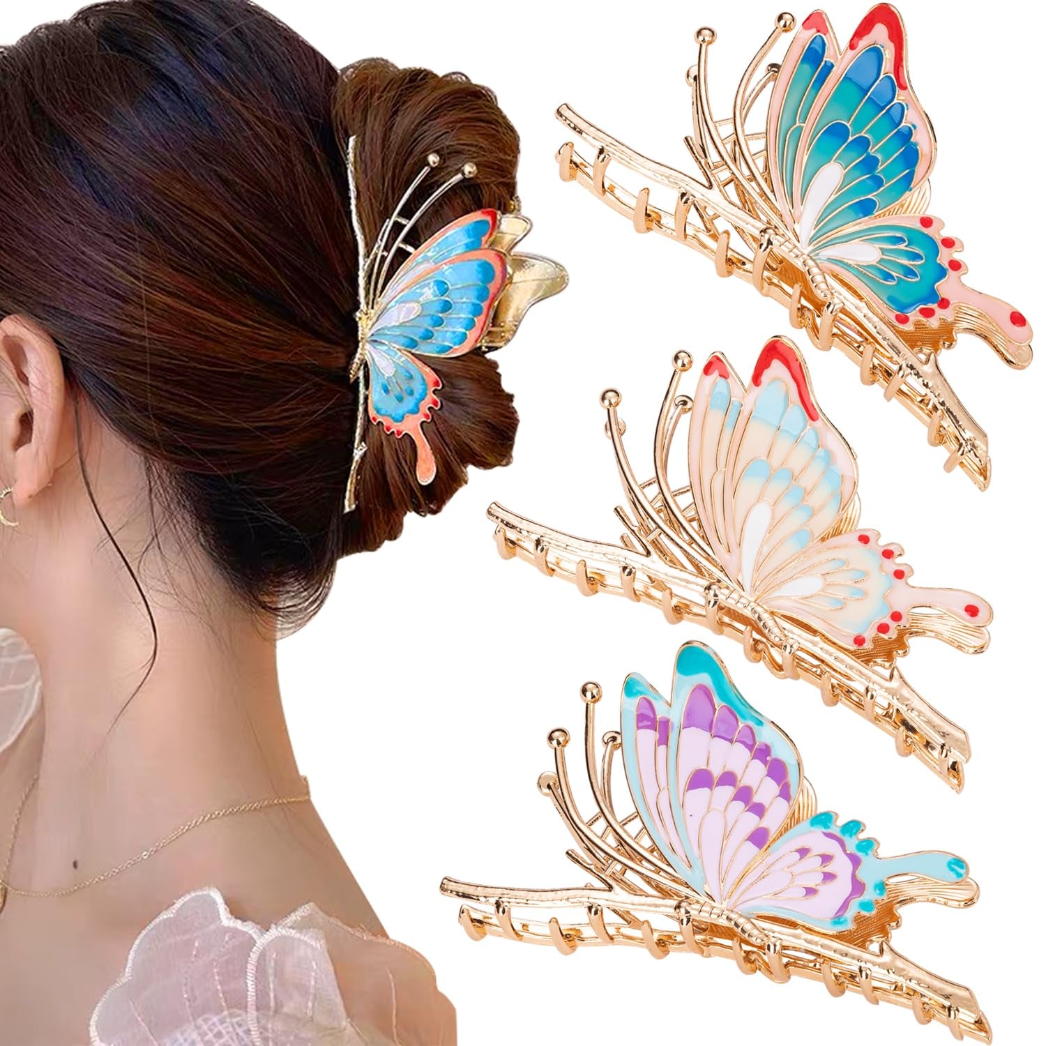  3 Pcs Large Butterfly Hair Claw Clips Nonslip 3 Styles Strong Hold 4 Inch Butterfly Metal Hair Clips for Women&Girls 