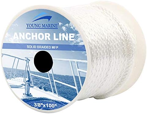 100FT  Premium Solid Braid MFP Anchor Line Braided Anchor Rope with Stainless Steel Thimble & Shackle (3/8" x 100', White)