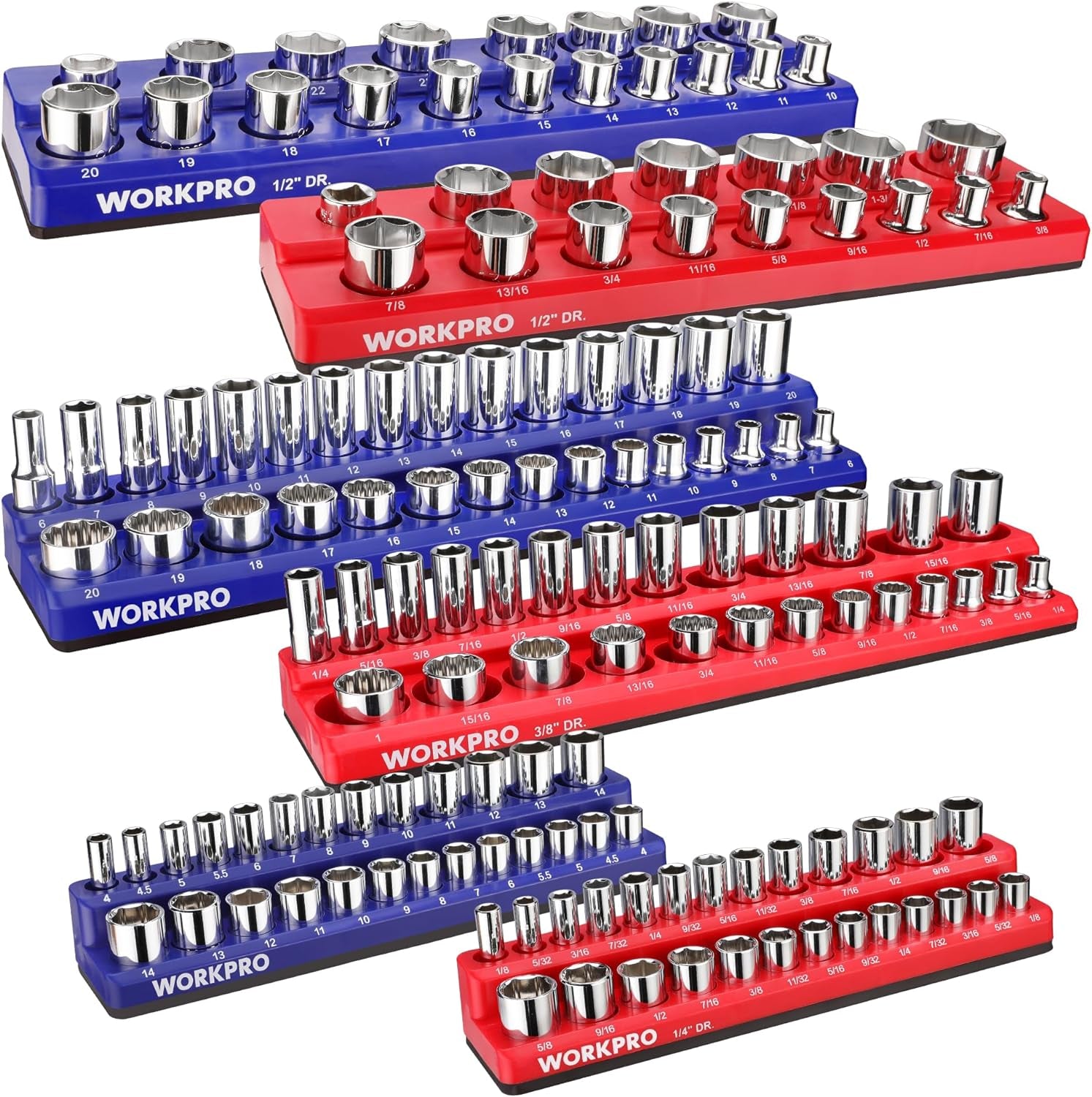 WORKPRO Magnetic Socket Organizer Set, 6-Piece Socket Holder Set Includes 1/4", 3/8", 1/2" Drive Metric SAE Socket Trays, Holds 141 Pieces Standard Size and Deep Size Sockets(Socket not Included)