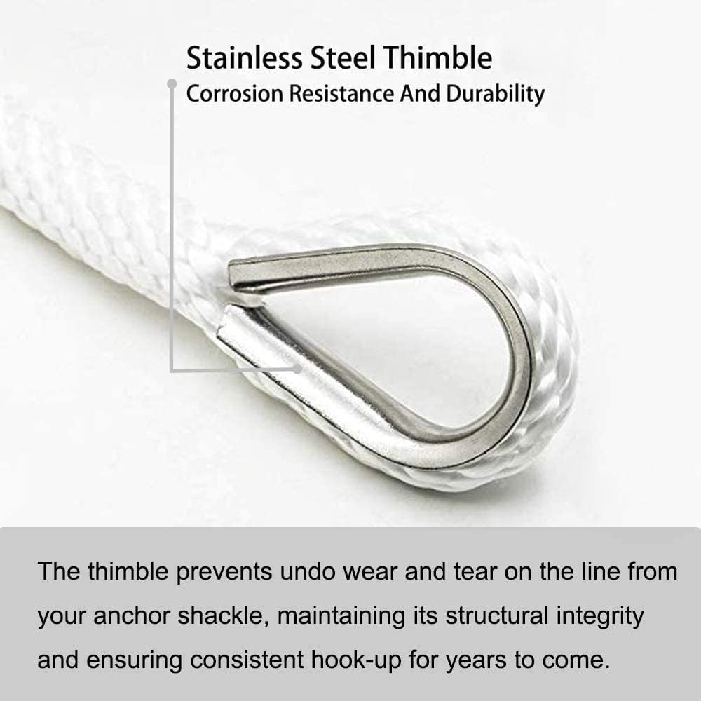 100FT  Premium Solid Braid MFP Anchor Line Braided Anchor Rope with Stainless Steel Thimble & Shackle (3/8" x 100', White)