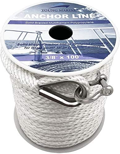 100FT  Premium Solid Braid MFP Anchor Line Braided Anchor Rope with Stainless Steel Thimble & Shackle (3/8" x 100', White)