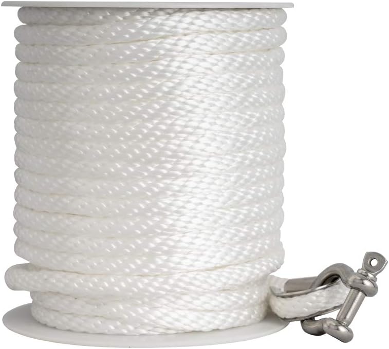 100FT  Premium Solid Braid MFP Anchor Line Braided Anchor Rope with Stainless Steel Thimble & Shackle (3/8" x 100', White)