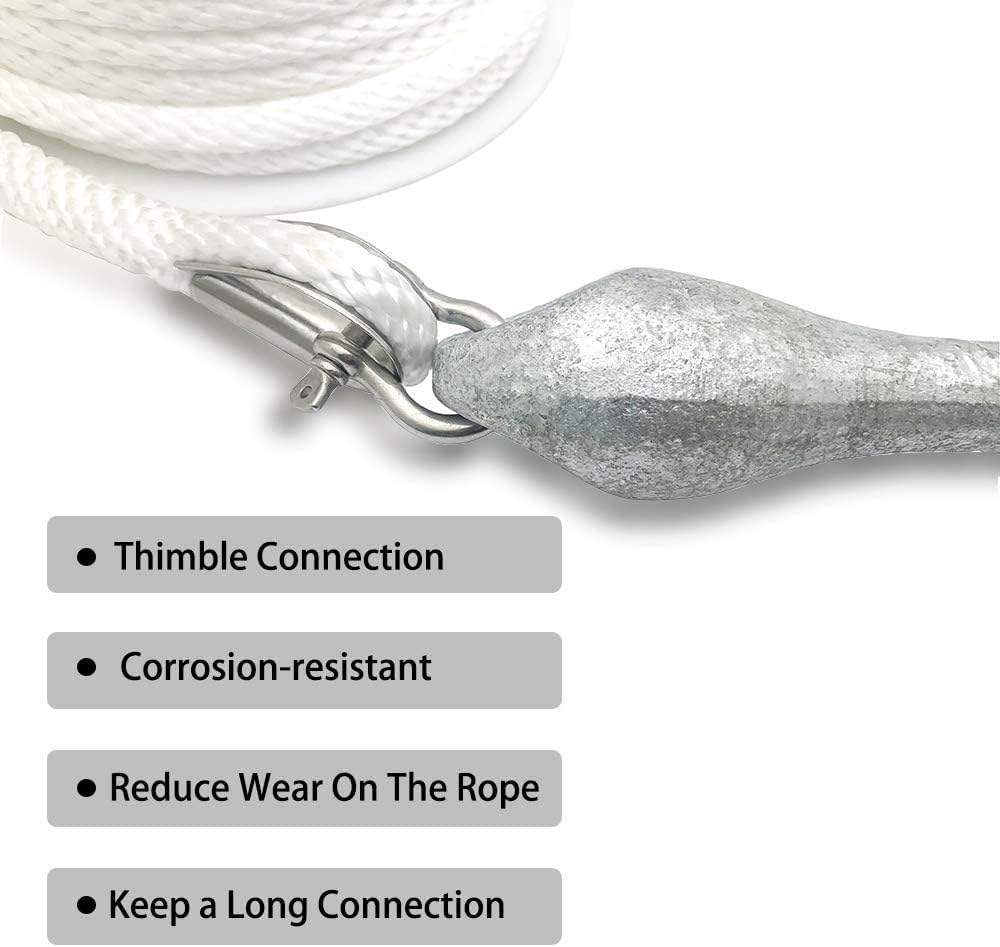 100FT  Premium Solid Braid MFP Anchor Line Braided Anchor Rope with Stainless Steel Thimble & Shackle (3/8" x 100', White)