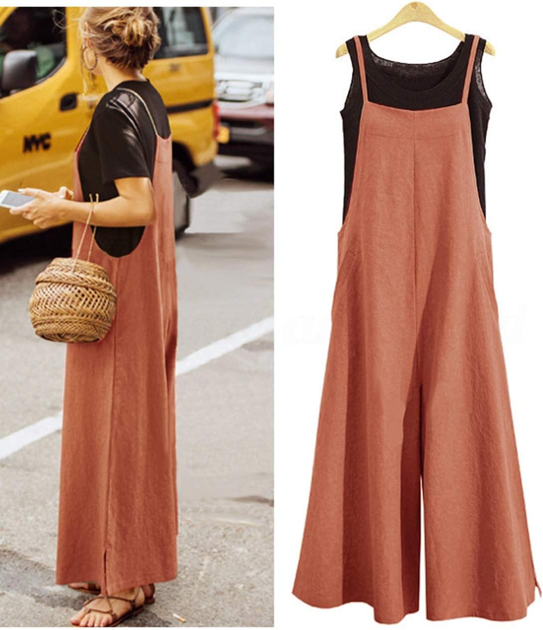 Women Casual Loose Long Bib Pants Wide Leg Jumpsuits Baggy Cotton Rompers Overalls