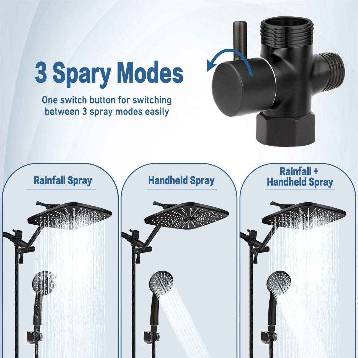 12 Inch Shower Head High Pressure Rainfall Shower Head/Handheld Shower Combo with Extension Arm, 6 Settings Anti-leak Shower Head with Holder