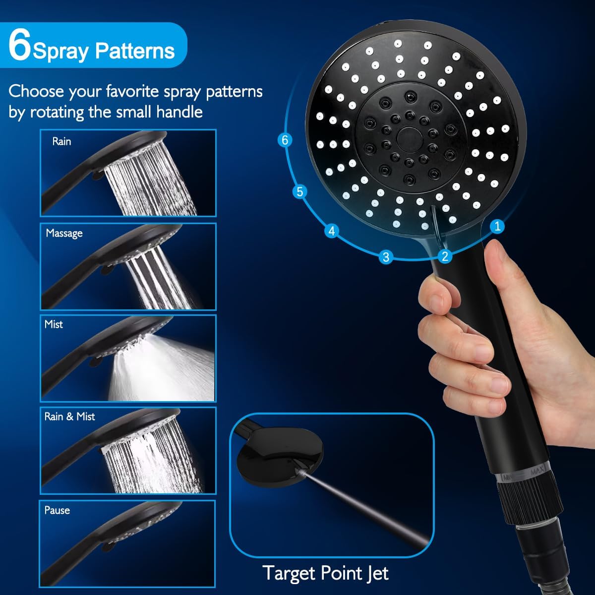 12 Inch Shower Head High Pressure Rainfall Shower Head/Handheld Shower Combo with Extension Arm, 6 Settings Anti-leak Shower Head with Holder