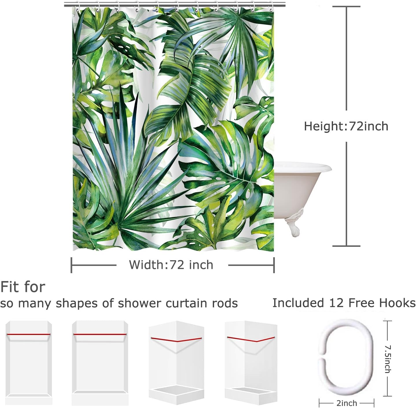 Tropical Shower Curtain Botanical Shower Curtain Set with 12 Hooks for Bathroom Curtain Decor, 72"X72"