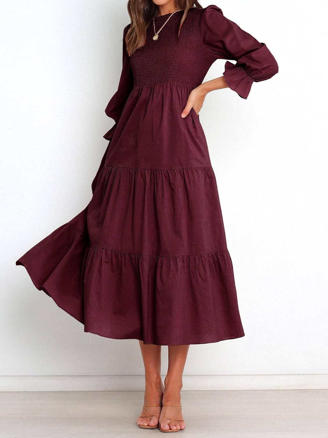 Women Casual Long Sleeve Crew Neck Fall Dress Bohemian Relaxed Fit Floral Flowy Maxi Dresses Tiered Cocktail Dress