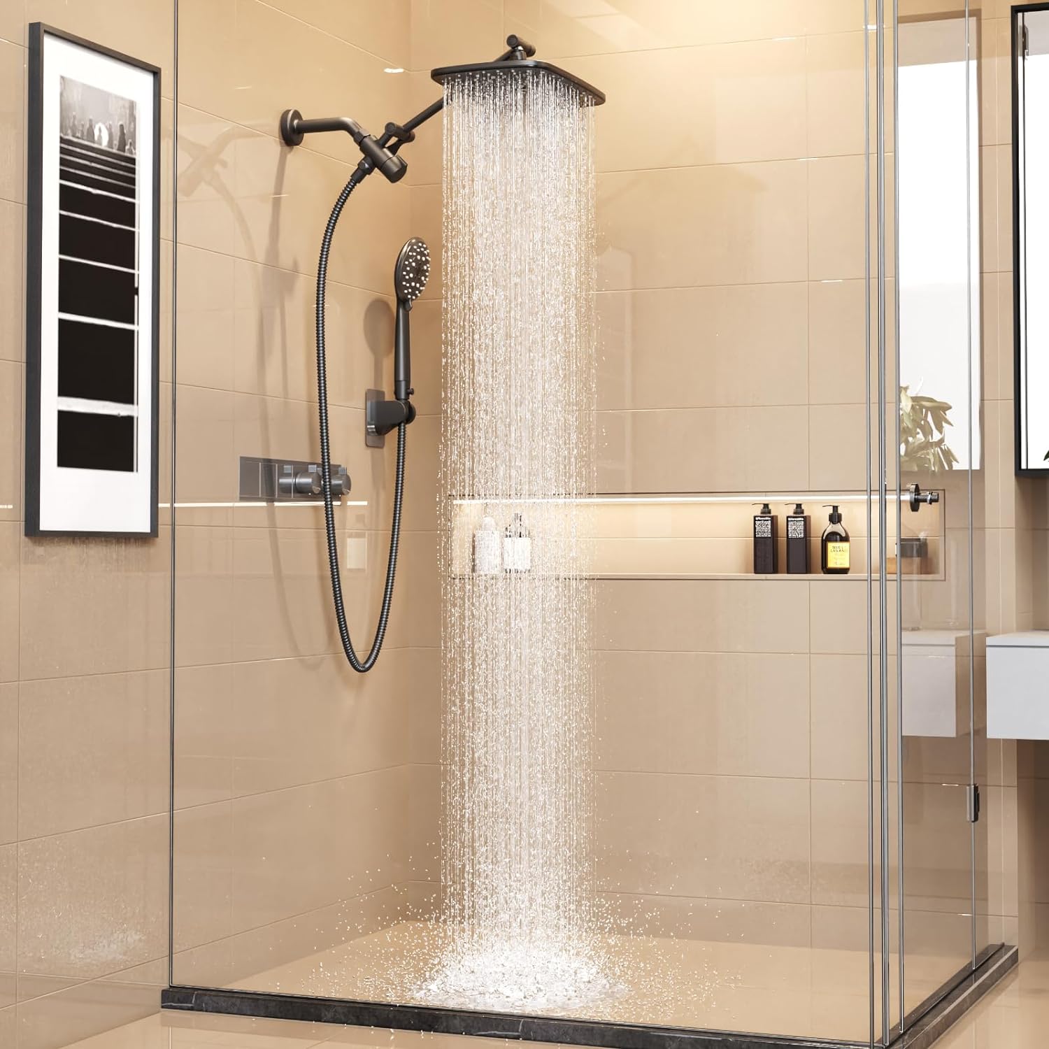 12 Inch High Pressure Rain Shower Head Combo with Extension Arm Adjustable Dual Showerhead 