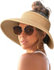 Sun Visor Hats for Women Wide Brim Straw Roll-Up Ponytail Summer Beach Hat Packable Foldable