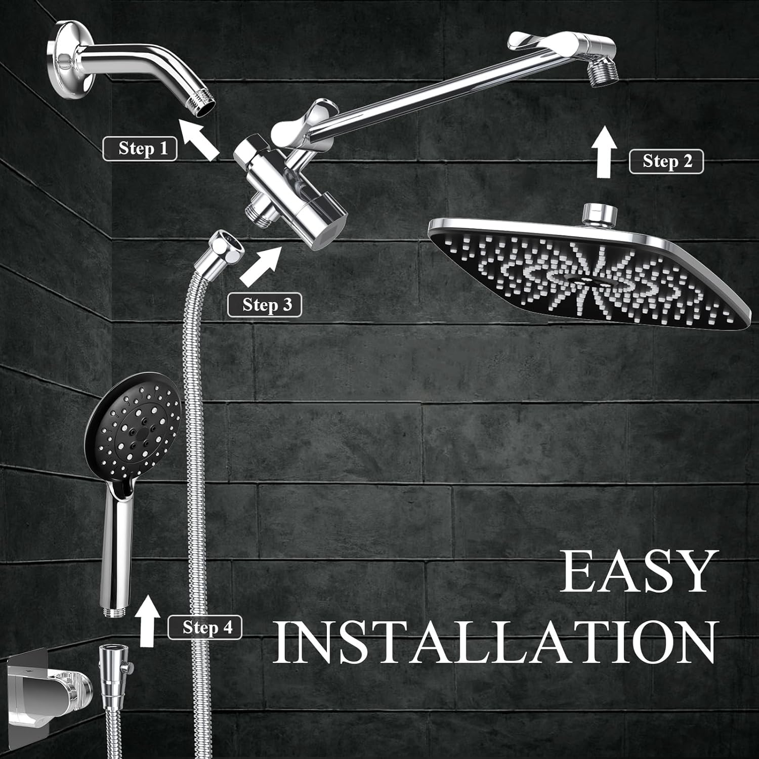 12 Inch High Pressure Rain Shower Head Combo with Extension Arm Adjustable Dual Showerhead 