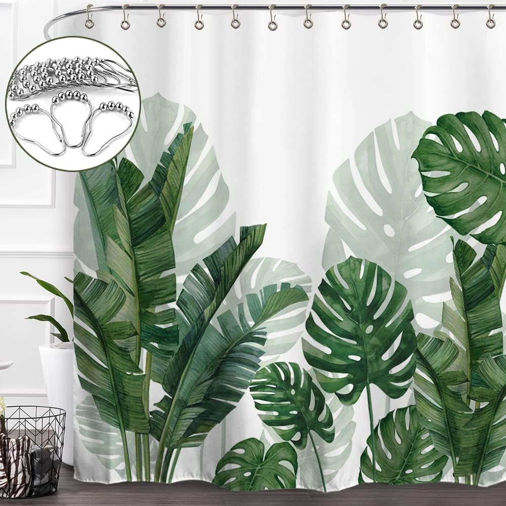 Tropical Green Shower Curtain Summer Bathroom Decor with Hooks 72 W x72 H Inch