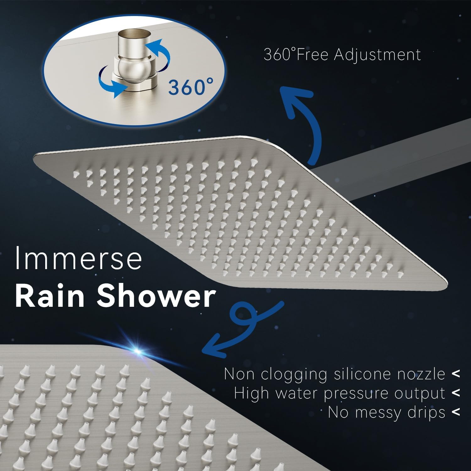 12 Inch Rain Shower Head High Pressure Rainfall Showerhead Ultra Thin Water Saving Brushed Nickel 304 Stainless Steel