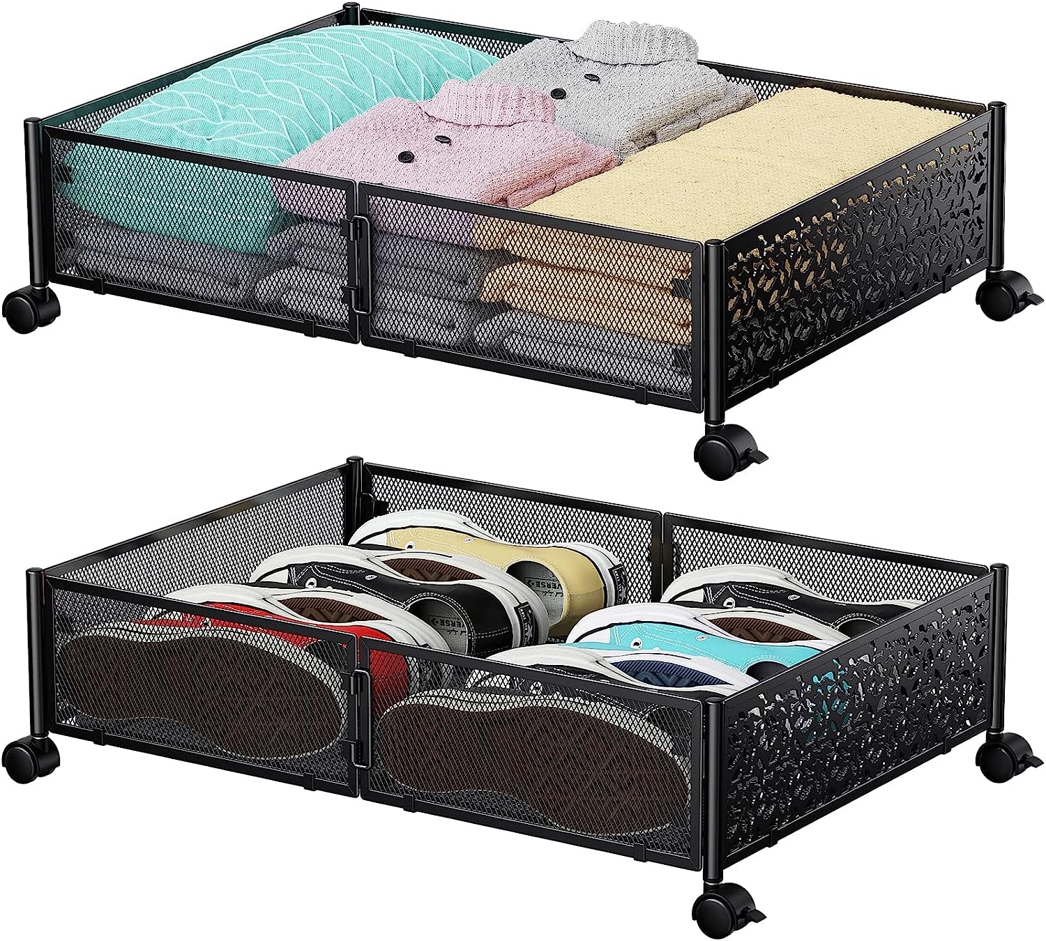 Under the Bed Storage Containers with Wheels Metal Underbed Storage Containers for Bedroom Clothes Shoes Blankets -2Pack