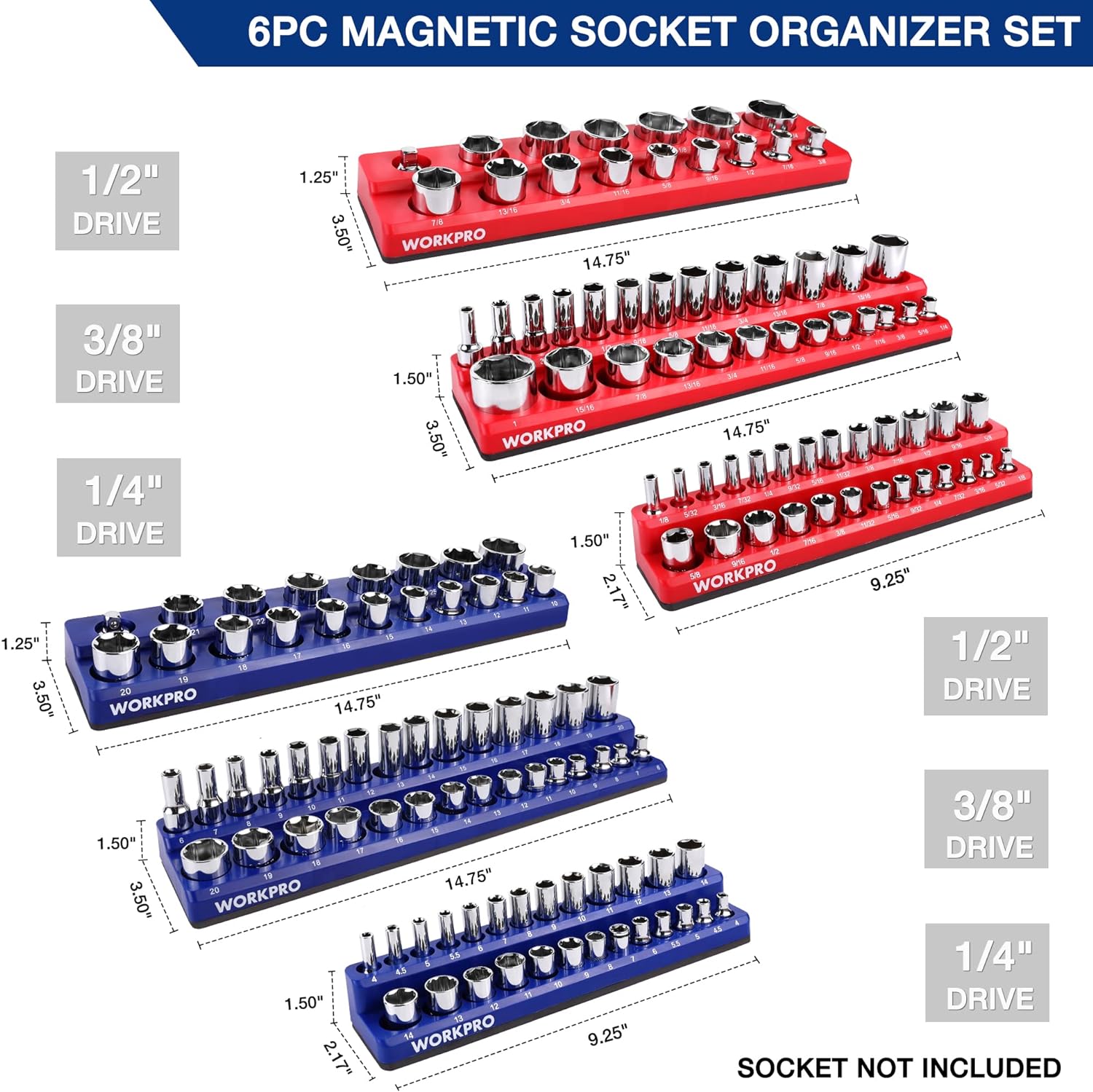 WORKPRO Magnetic Socket Organizer Set, 6-Piece Socket Holder Set Includes 1/4", 3/8", 1/2" Drive Metric SAE Socket Trays, Holds 141 Pieces Standard Size and Deep Size Sockets(Socket not Included)