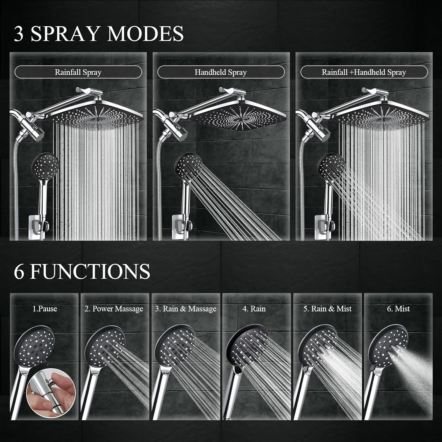 12 Inch High Pressure Rain Shower Head Combo with Extension Arm Adjustable Dual Showerhead 