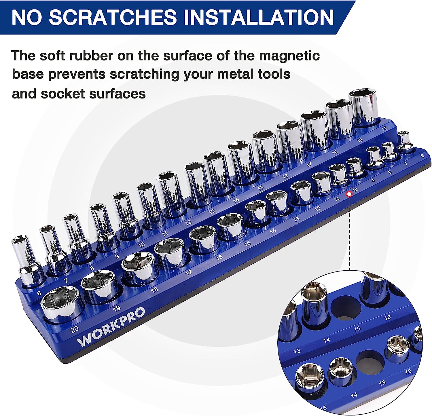 WORKPRO Magnetic Socket Organizer Set, 6-Piece Socket Holder Set Includes 1/4", 3/8", 1/2" Drive Metric SAE Socket Trays, Holds 141 Pieces Standard Size and Deep Size Sockets(Socket not Included)