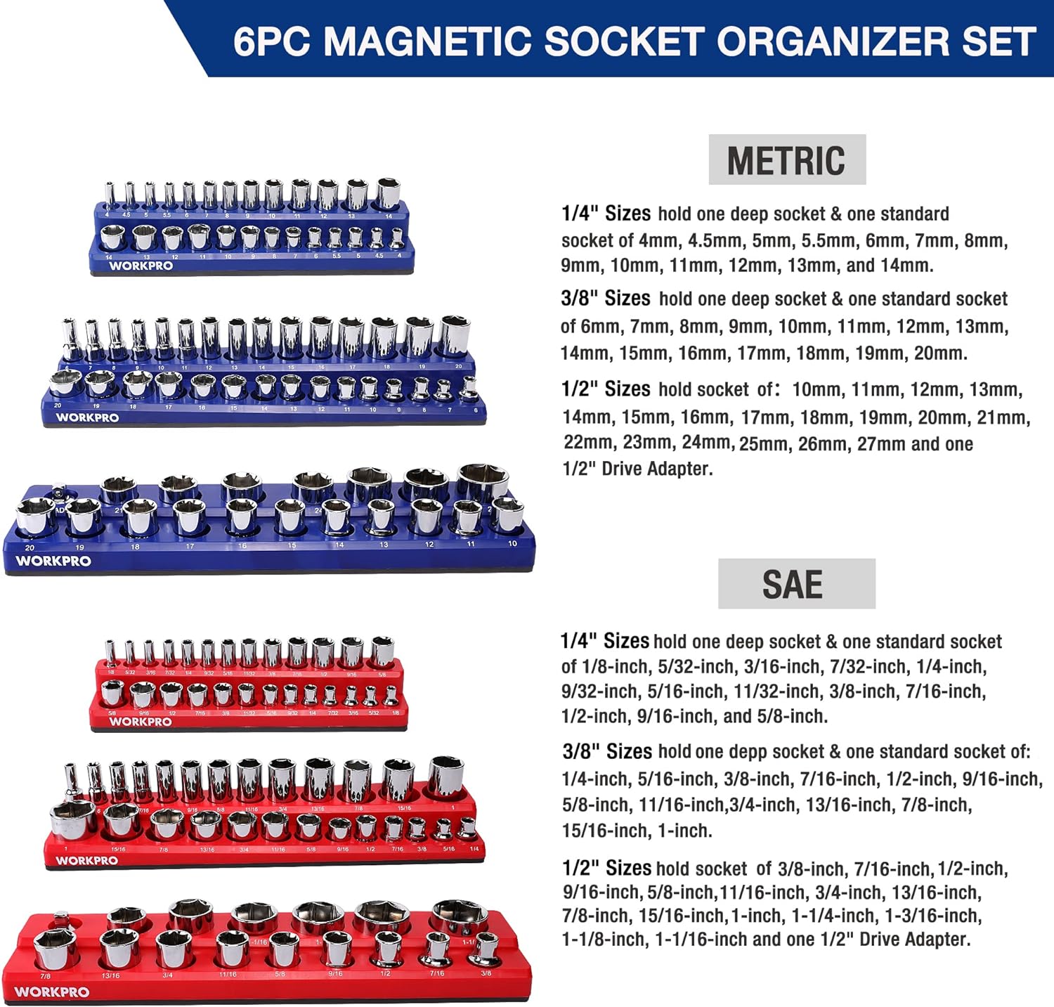 WORKPRO Magnetic Socket Organizer Set, 6-Piece Socket Holder Set Includes 1/4", 3/8", 1/2" Drive Metric SAE Socket Trays, Holds 141 Pieces Standard Size and Deep Size Sockets(Socket not Included)