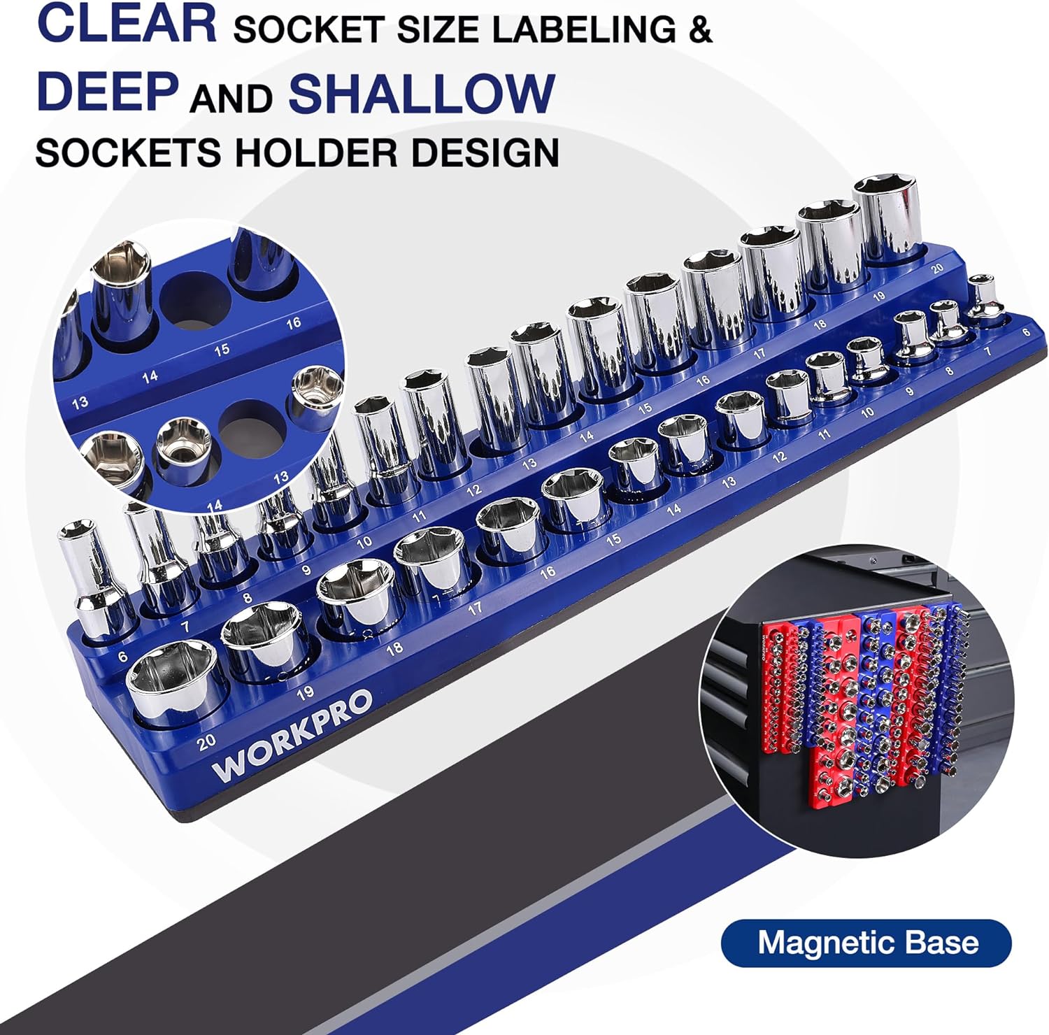 WORKPRO Magnetic Socket Organizer Set, 6-Piece Socket Holder Set Includes 1/4", 3/8", 1/2" Drive Metric SAE Socket Trays, Holds 141 Pieces Standard Size and Deep Size Sockets(Socket not Included)