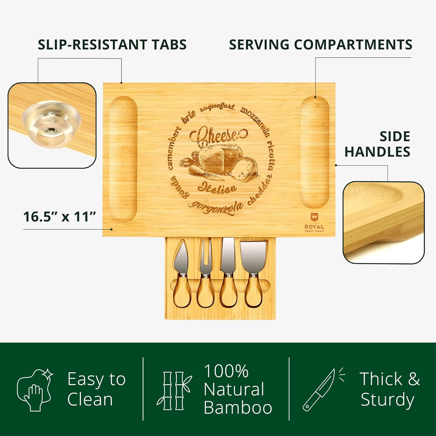 Unique Bamboo Charcuterie Board Cheese Platter & Serving Tray Wooden Cheese Board Set