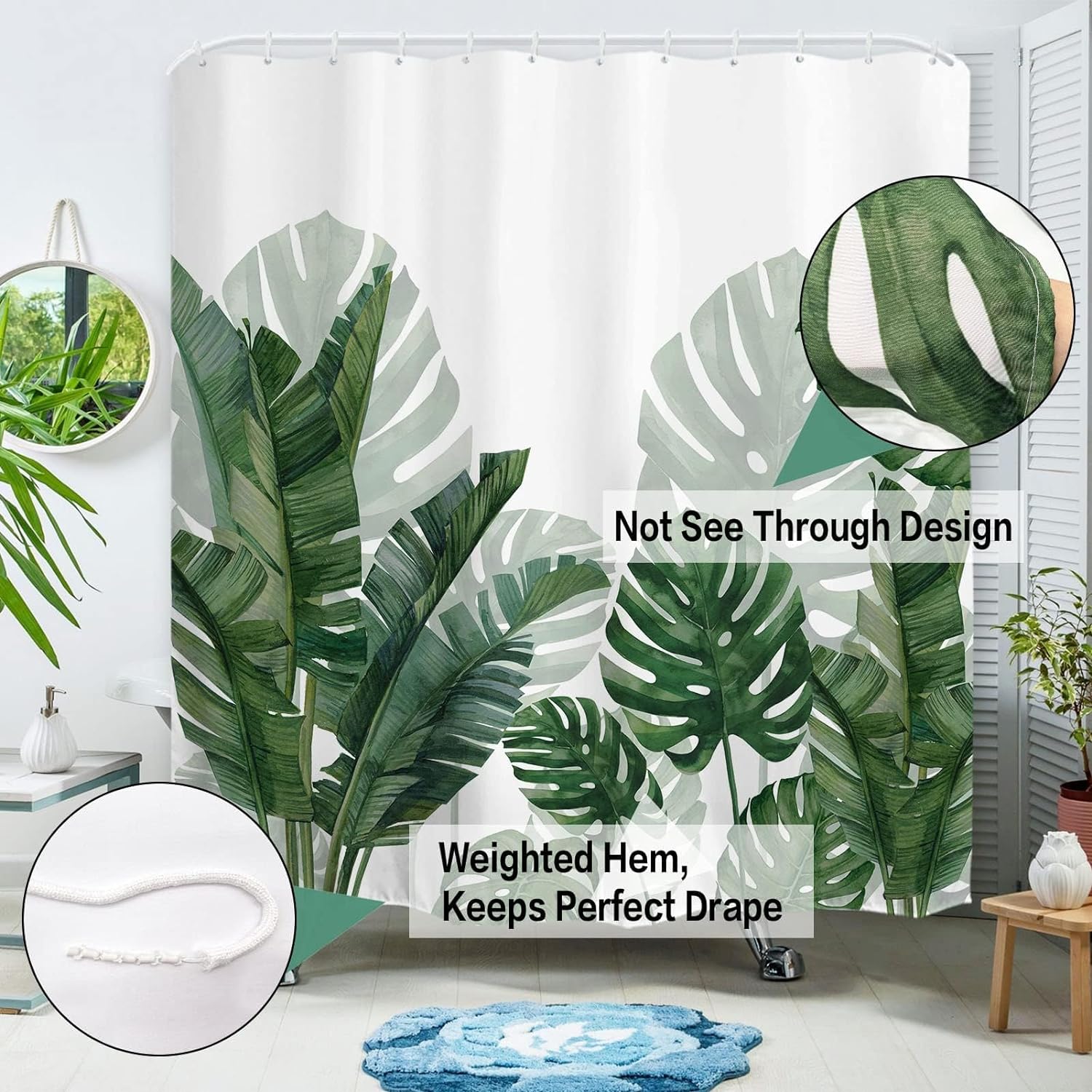 Tropical Green Shower Curtain Summer Bathroom Decor with Hooks 72 W x72 H Inch