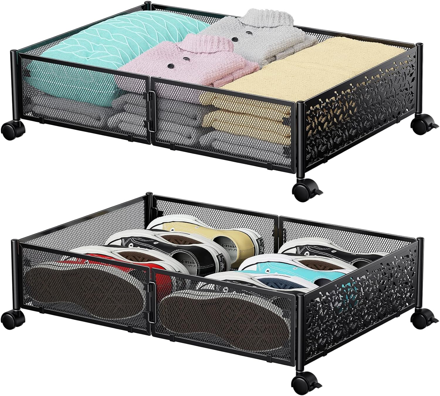 Under the Bed Storage Containers with Wheels Metal Underbed Storage Containers for Bedroom Clothes Shoes Blankets -2Pack