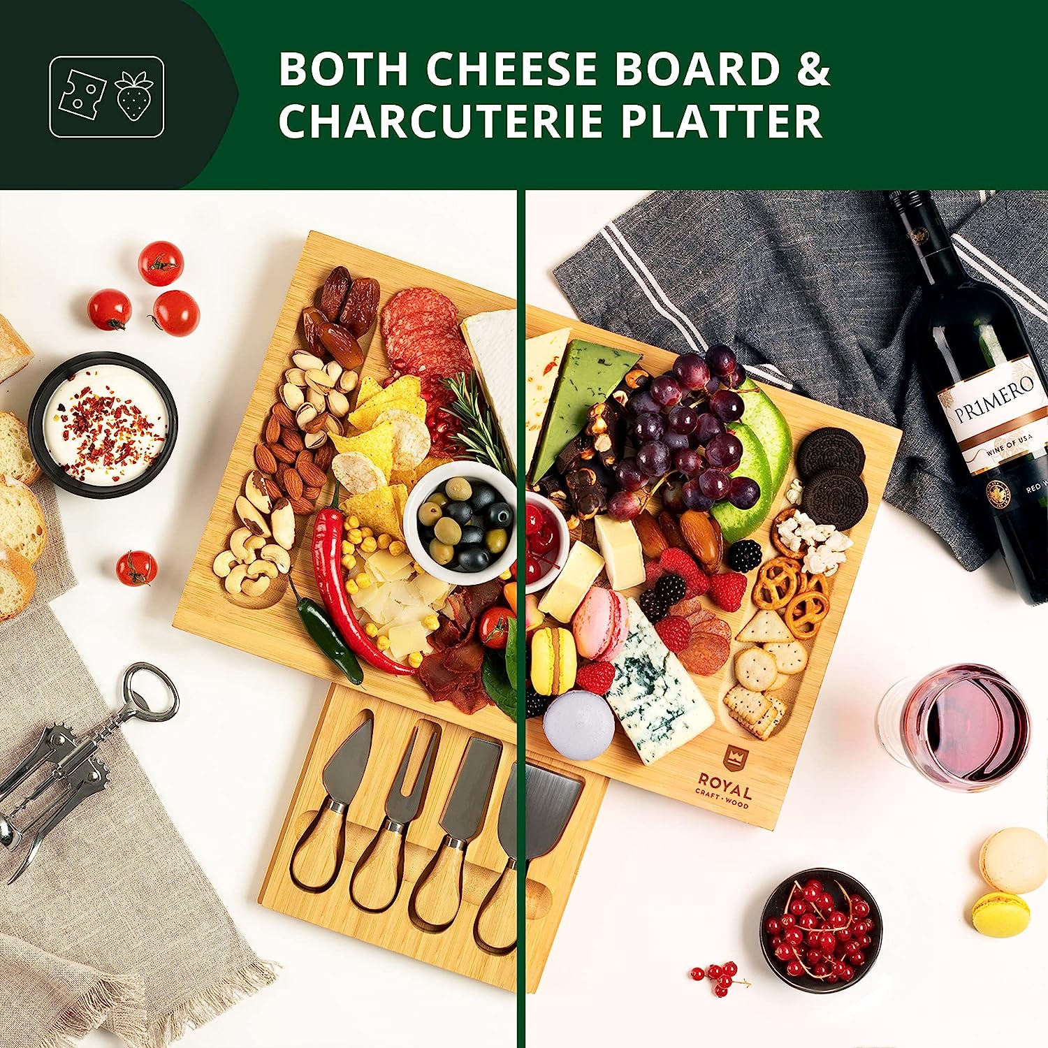 Unique Bamboo Charcuterie Board Cheese Platter & Serving Tray Wooden Cheese Board Set