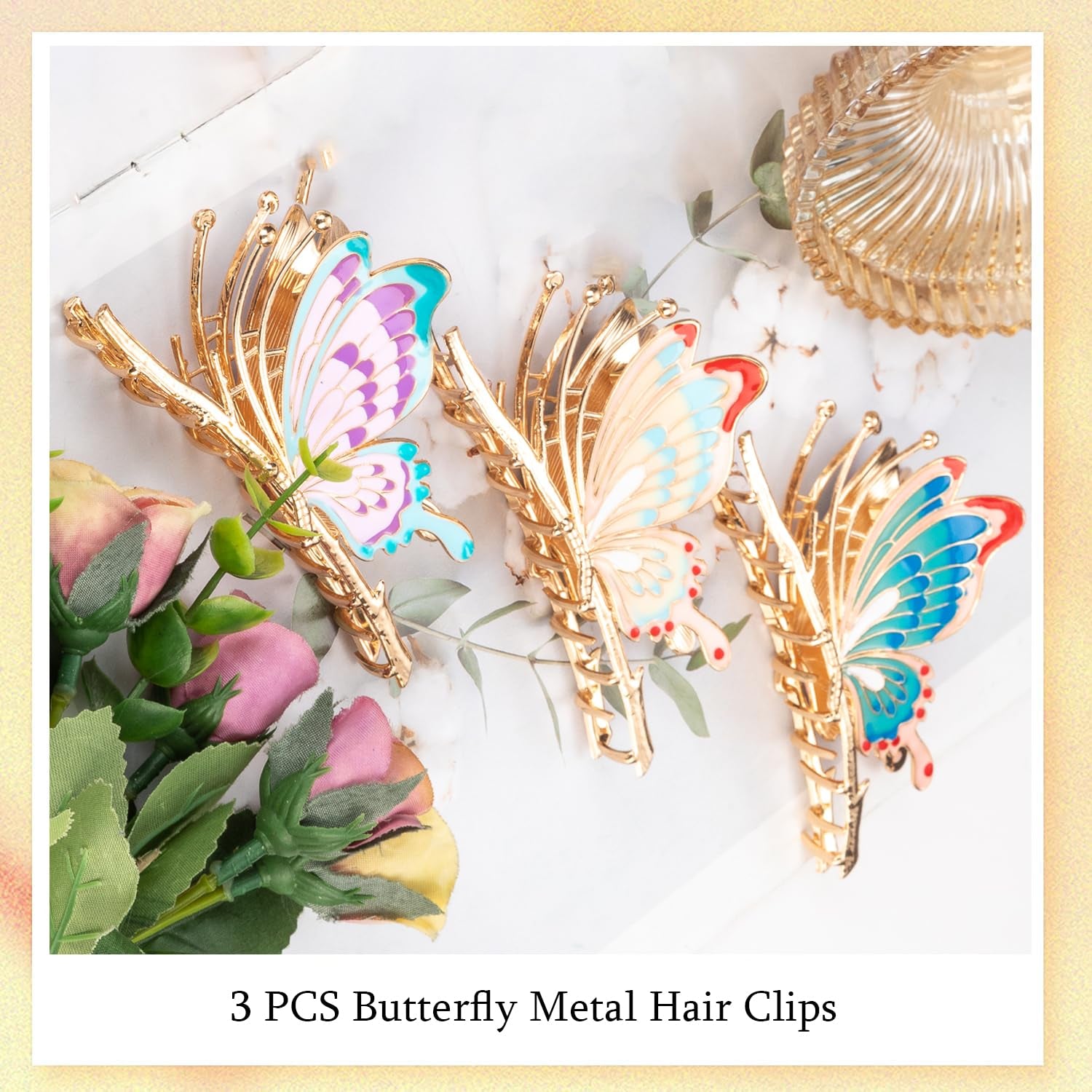  3 Pcs Large Butterfly Hair Claw Clips Nonslip 3 Styles Strong Hold 4 Inch Butterfly Metal Hair Clips for Women&Girls 