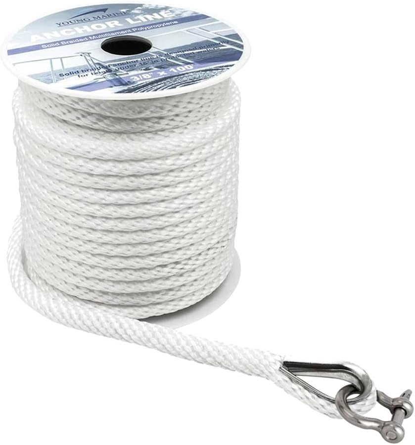 100FT  Premium Solid Braid MFP Anchor Line Braided Anchor Rope with Stainless Steel Thimble & Shackle (3/8" x 100', White)