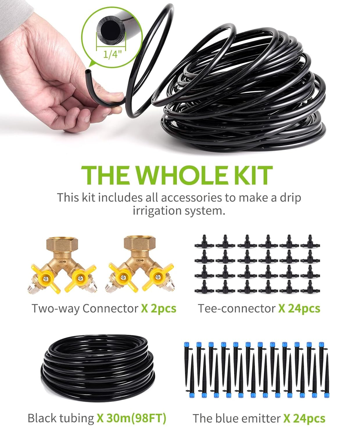 100ft Drip Irrigation Kit Plant Watering System 8x5mm for Garden Greenhouse Flower Bed Patio Lawn