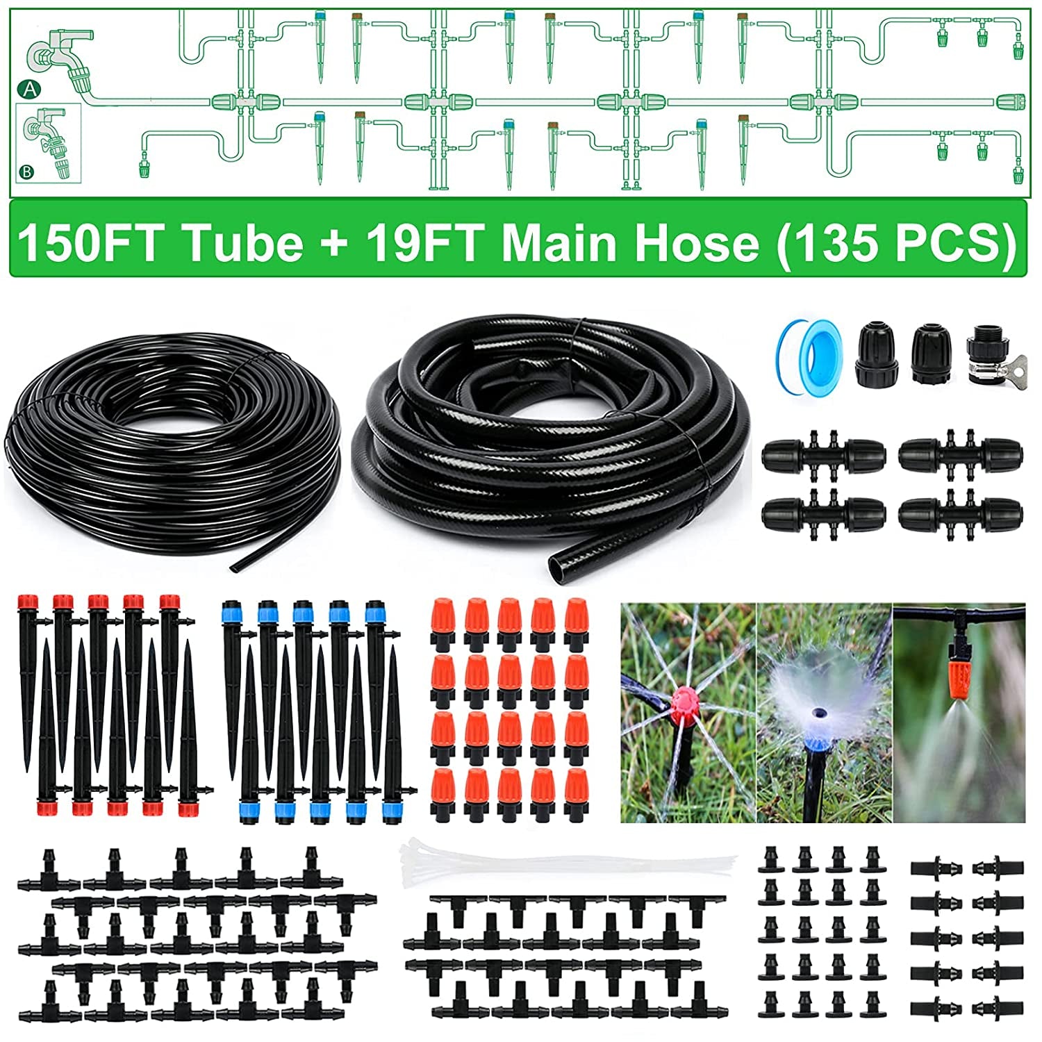 169FT Greenhouse Watering System Drip Irrigation Kit 1/4 inch Automatic Patio Misting System for Garden