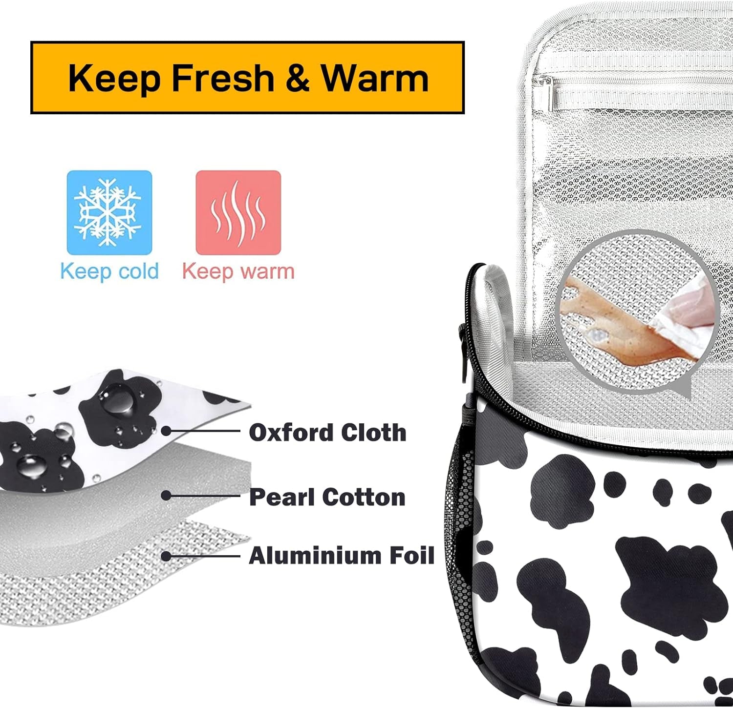 Insulated Cow Print Lunch Bag Warm and Cool with Adjustable Strap