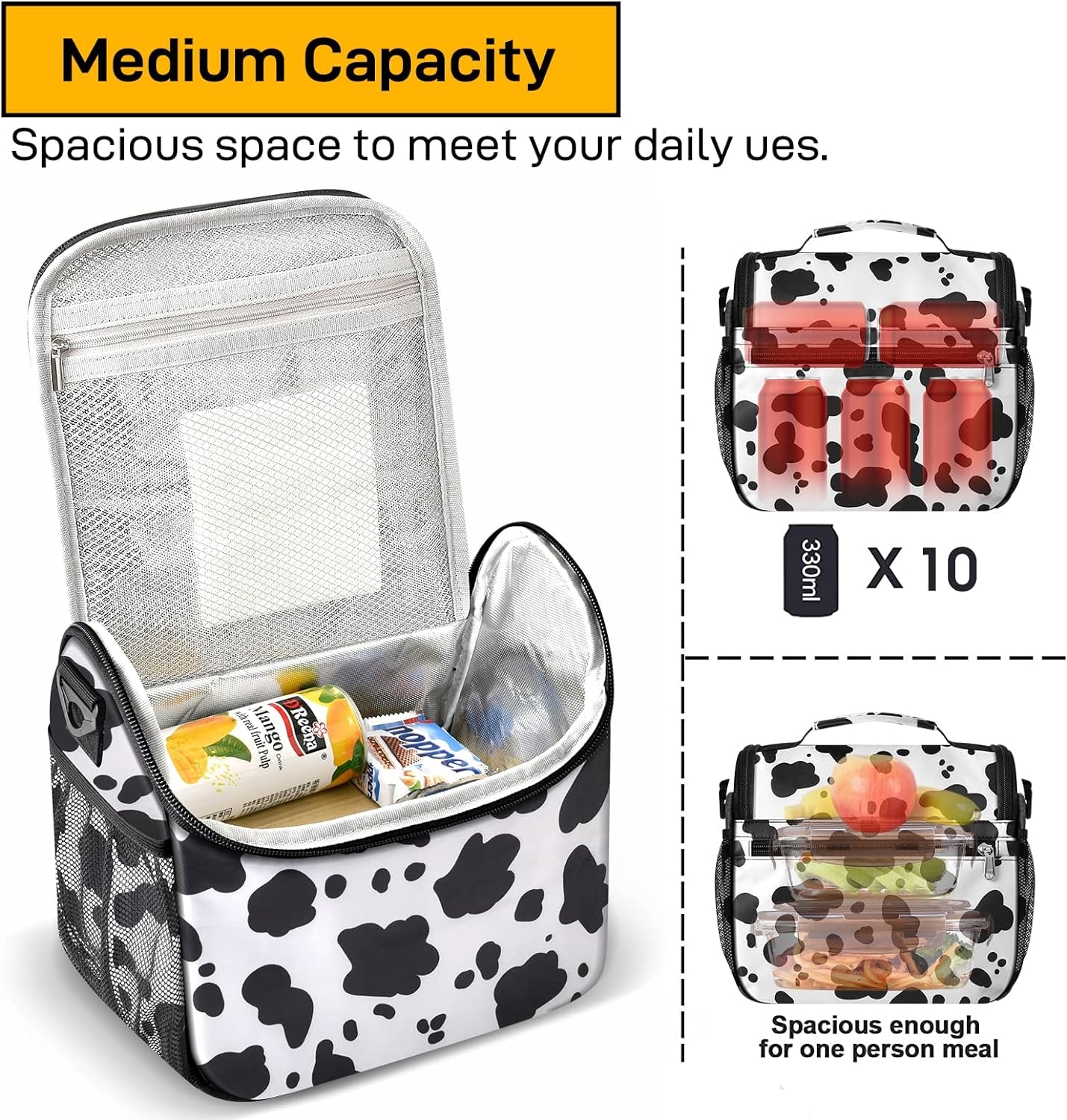 Insulated Cow Print Lunch Bag Warm and Cool with Adjustable Strap