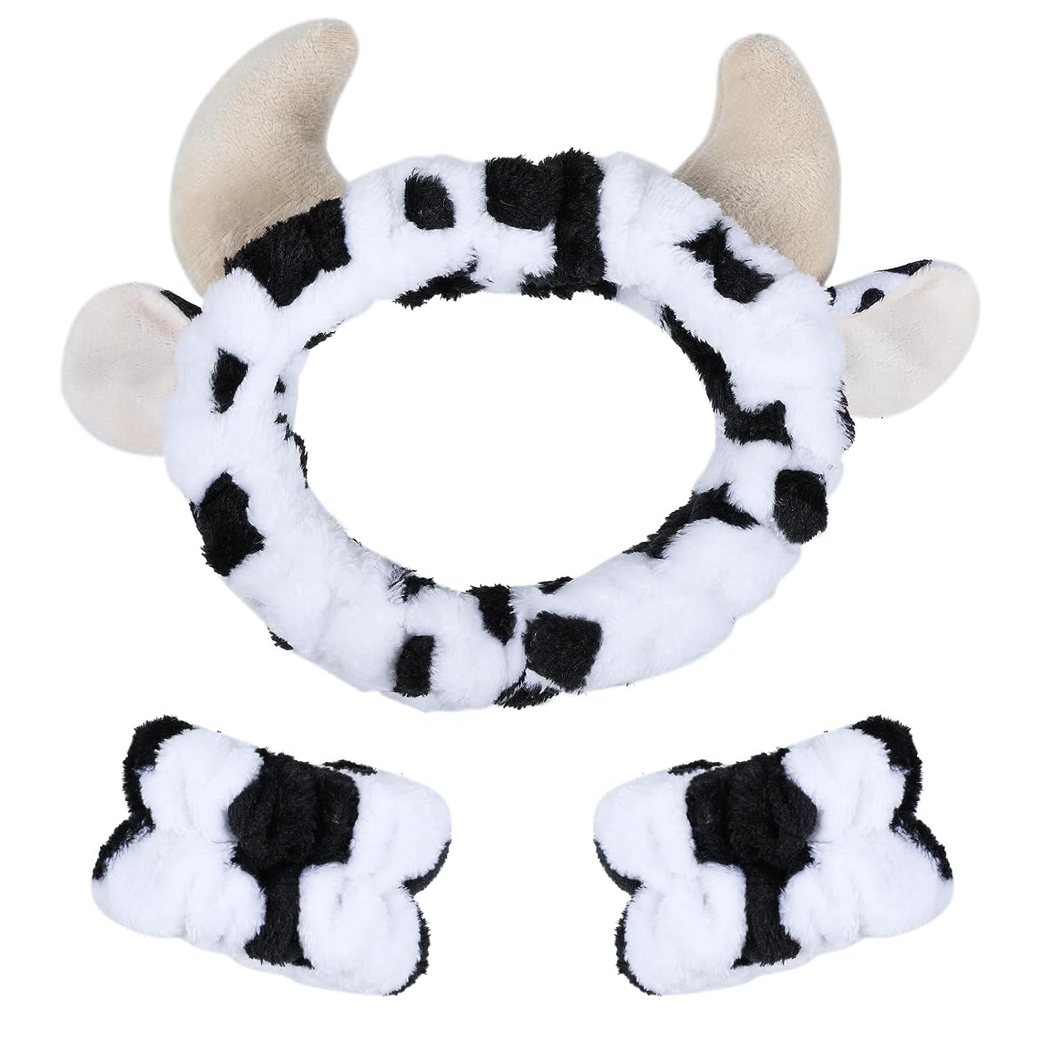 3-Piece Cow Print Spa Wrist Band Cuffs Hair Scrunchy Set