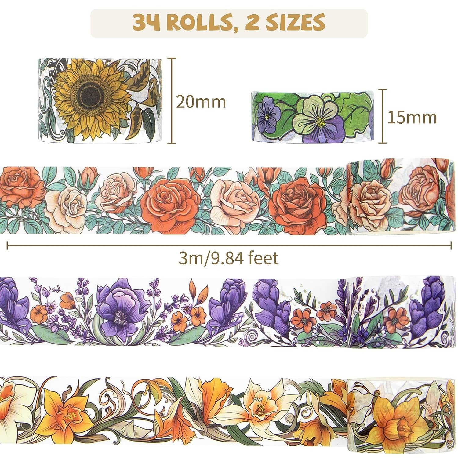 34 Rolls Spring Summer Theme Floral Washi Tape Set for DIY Craft Scrapbooking Bullet Journal