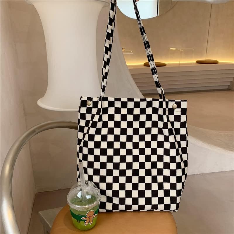 Corduroy Tote Bags Checker Everyday Bag with Canvas Lining