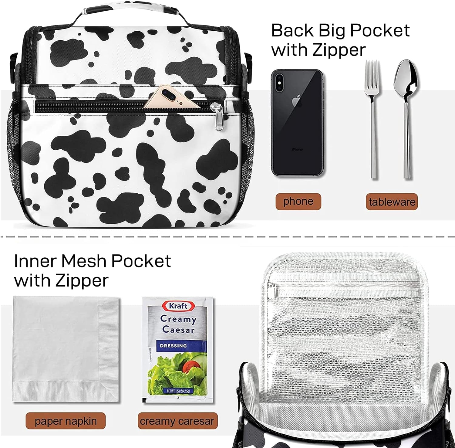 Insulated Cow Print Lunch Bag Warm and Cool with Adjustable Strap