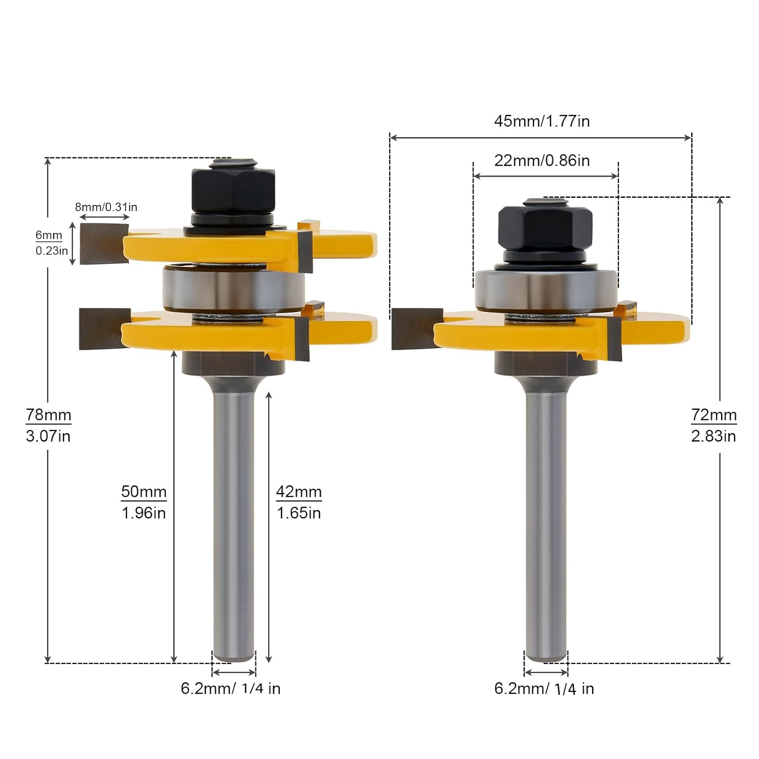 2 Pieces Tongue and Groove Router Bits - 1/4" Shank Router Bits T Shape