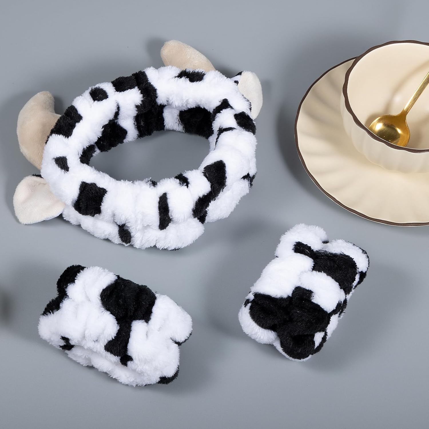 3-Piece Cow Print Spa Wrist Band Cuffs Hair Scrunchy Set