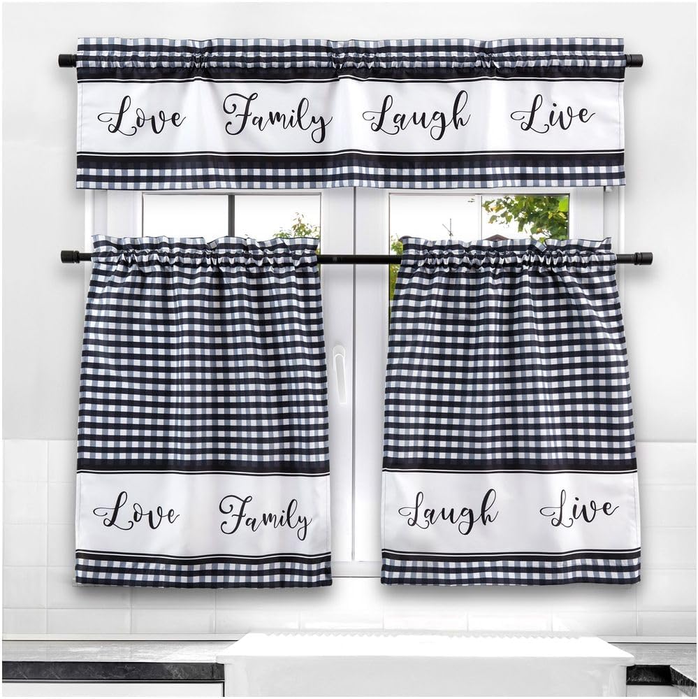 3-Piece Bufallo Plaid Kitchen Curtain Set Valance and Tiers Live Laugh Love