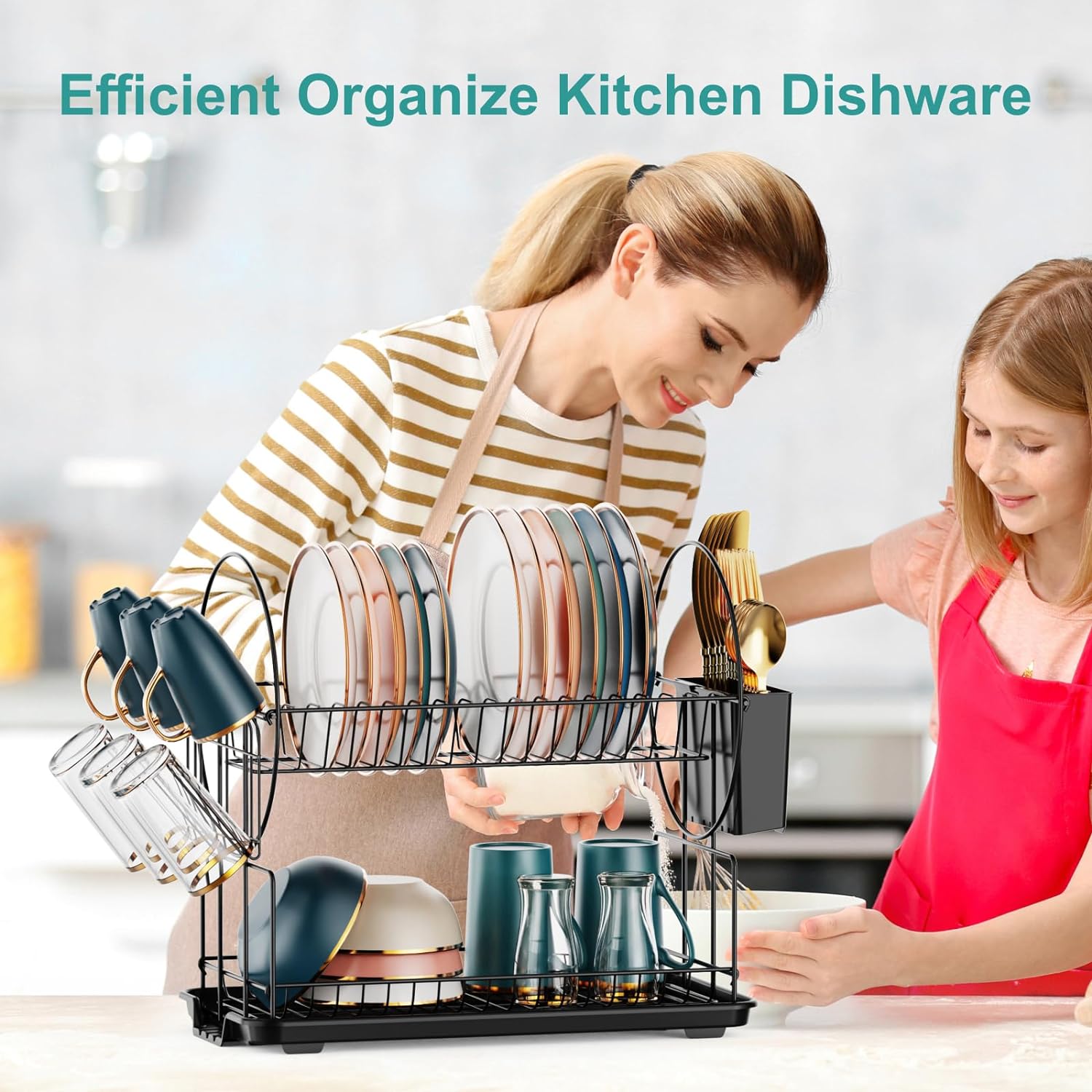 2 Tier Dish Racks with Drainboard, Utensil & Glass Holder