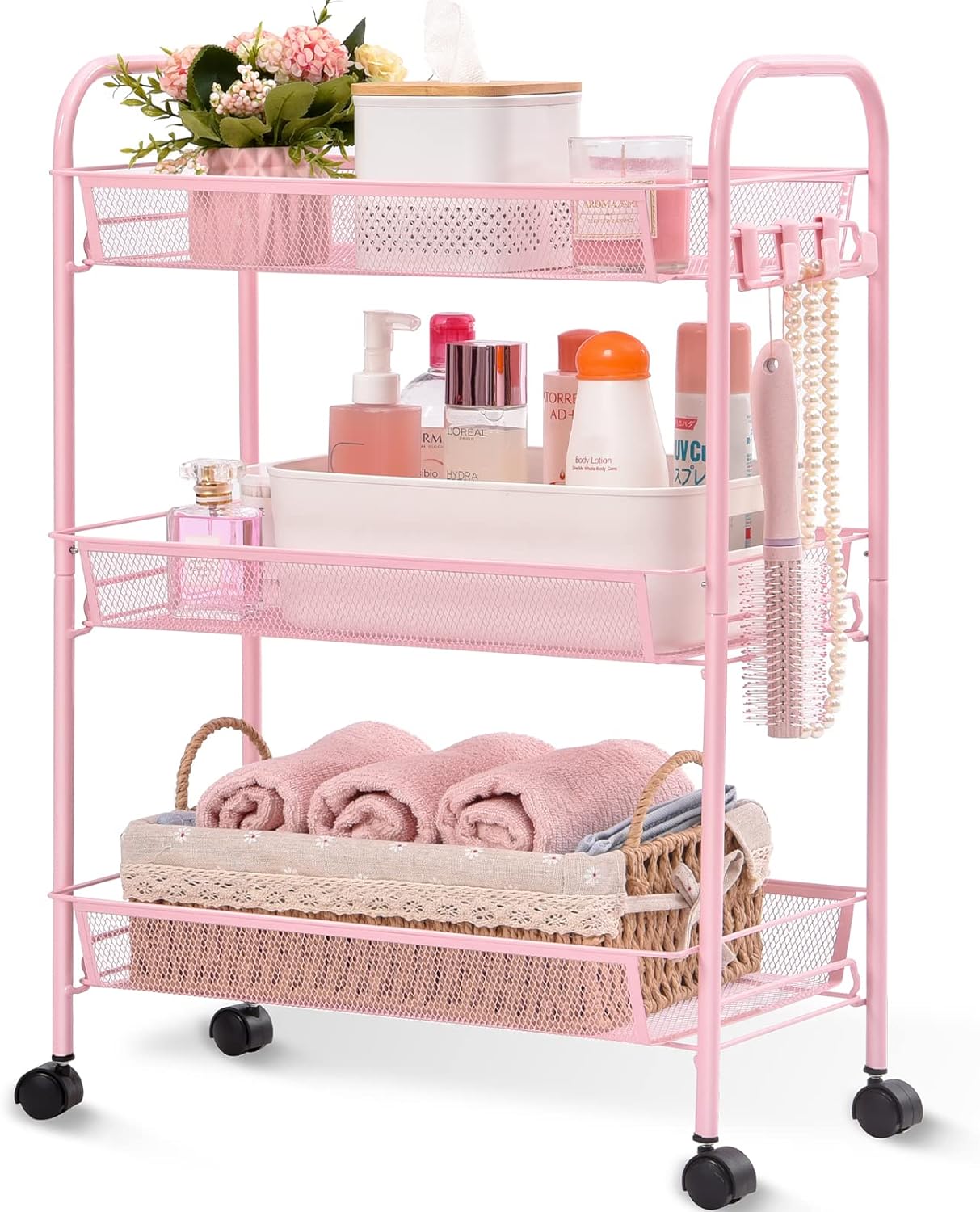 3-Tier Metal Rolling Cart Storage Trolley on Wheels with 3 Hooks for Kitchen Bathroom Laundry Room