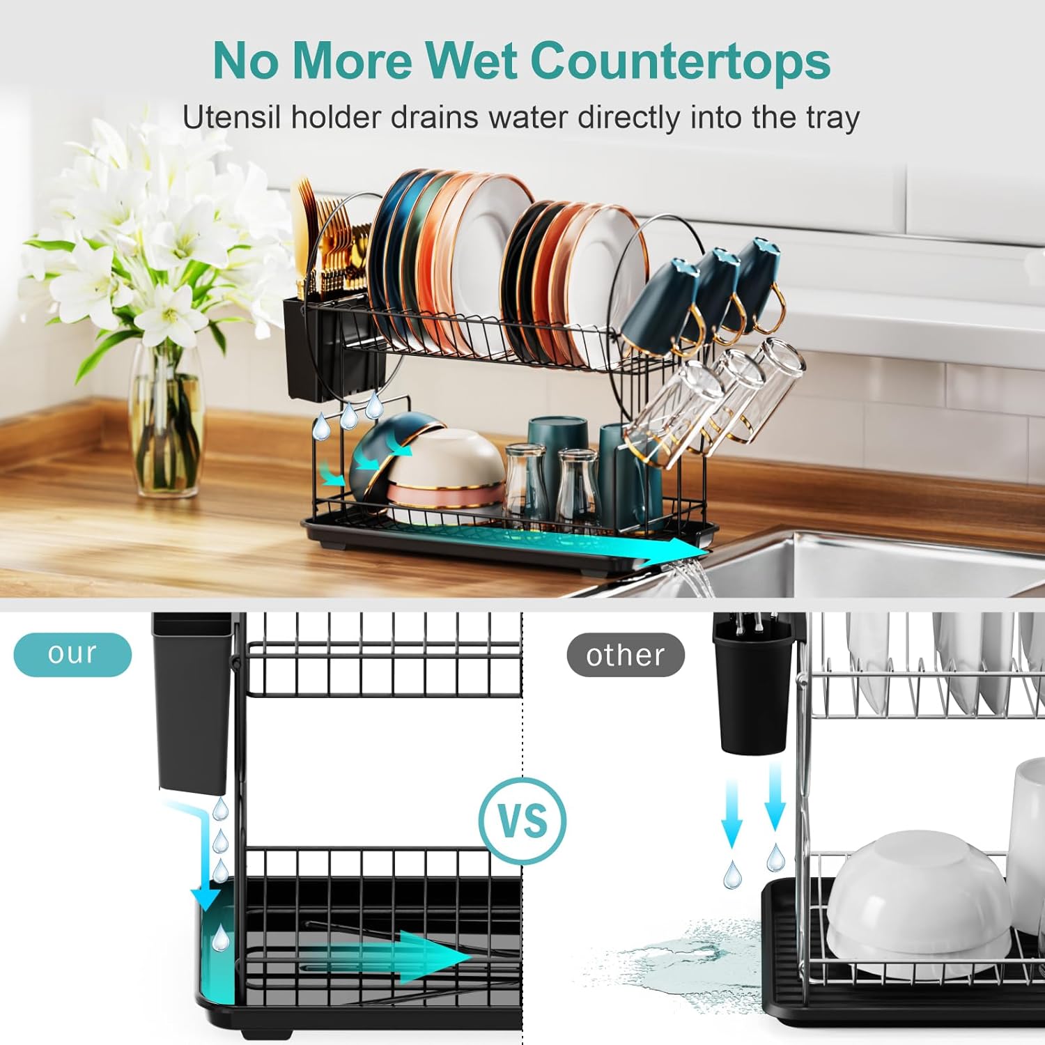 2 Tier Dish Racks with Drainboard, Utensil & Glass Holder