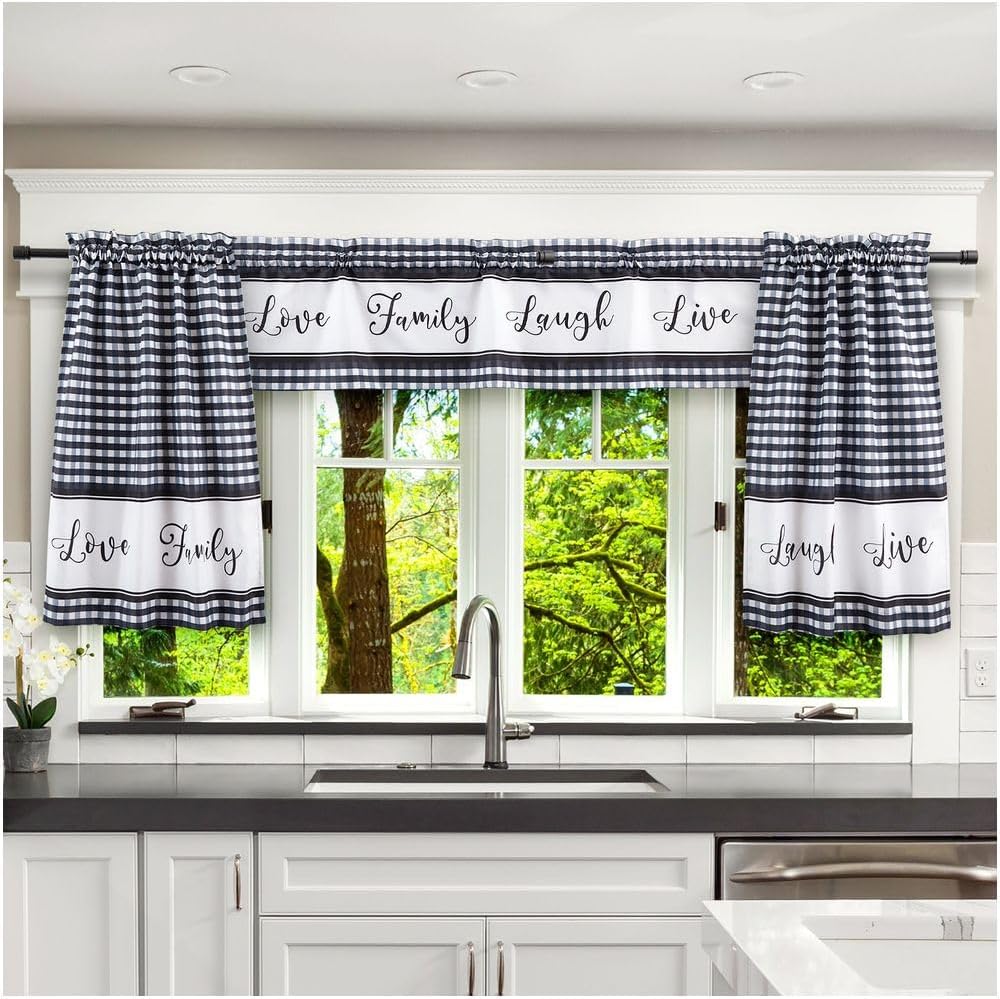 3-Piece Bufallo Plaid Kitchen Curtain Set Valance and Tiers Live Laugh Love