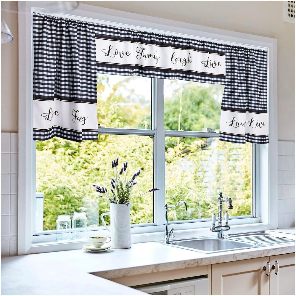 3-Piece Bufallo Plaid Kitchen Curtain Set Valance and Tiers Live Laugh Love