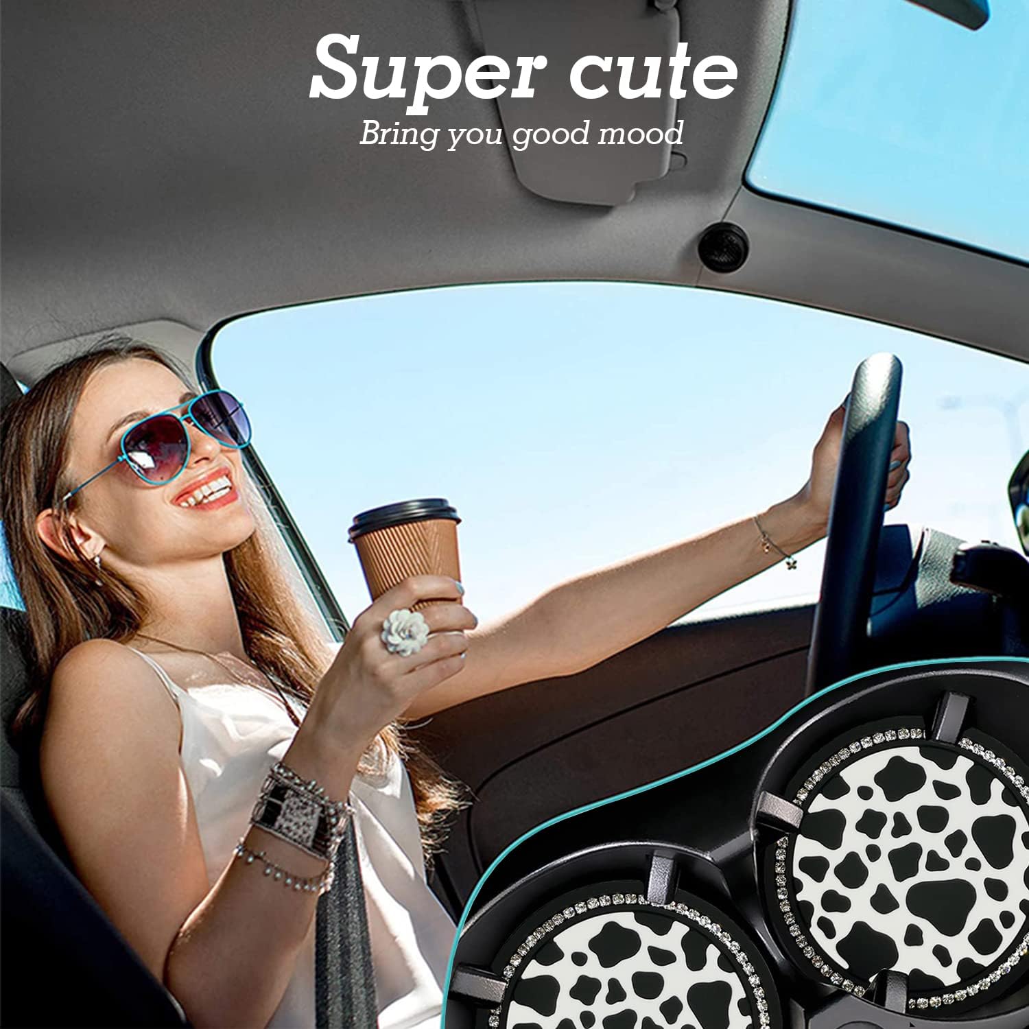 2 Piece Bling Cow Printed Car Coaster Universal Anti-slip Car Cup Holder