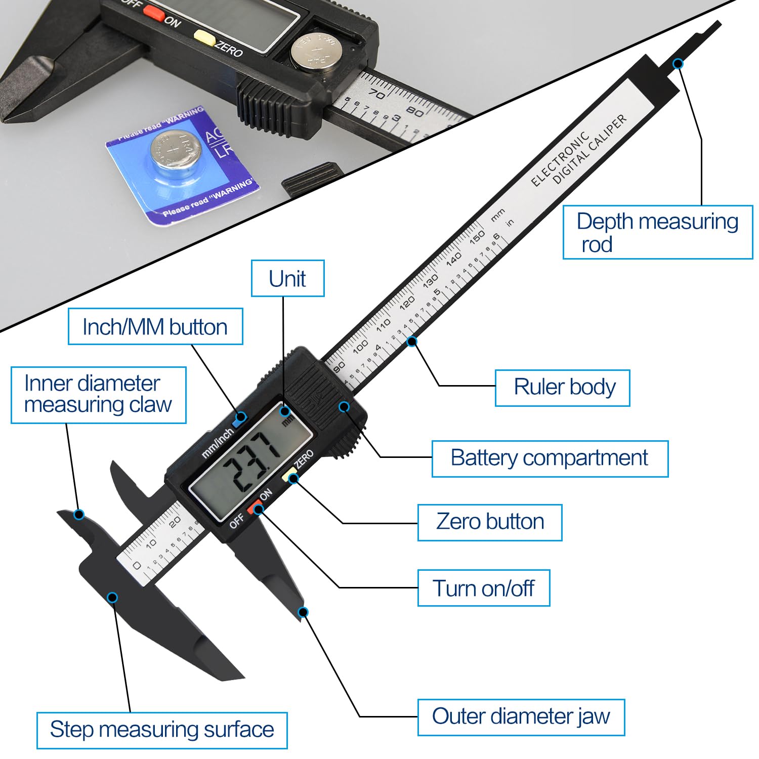 Digital Caliper, 1/2/4 Pack 6In Electronic Digital Caliper Measuring Tool, Construction with LCD Screen, Easy Switch from Inch to Millimeter(1 Pack, 6In Plastic)