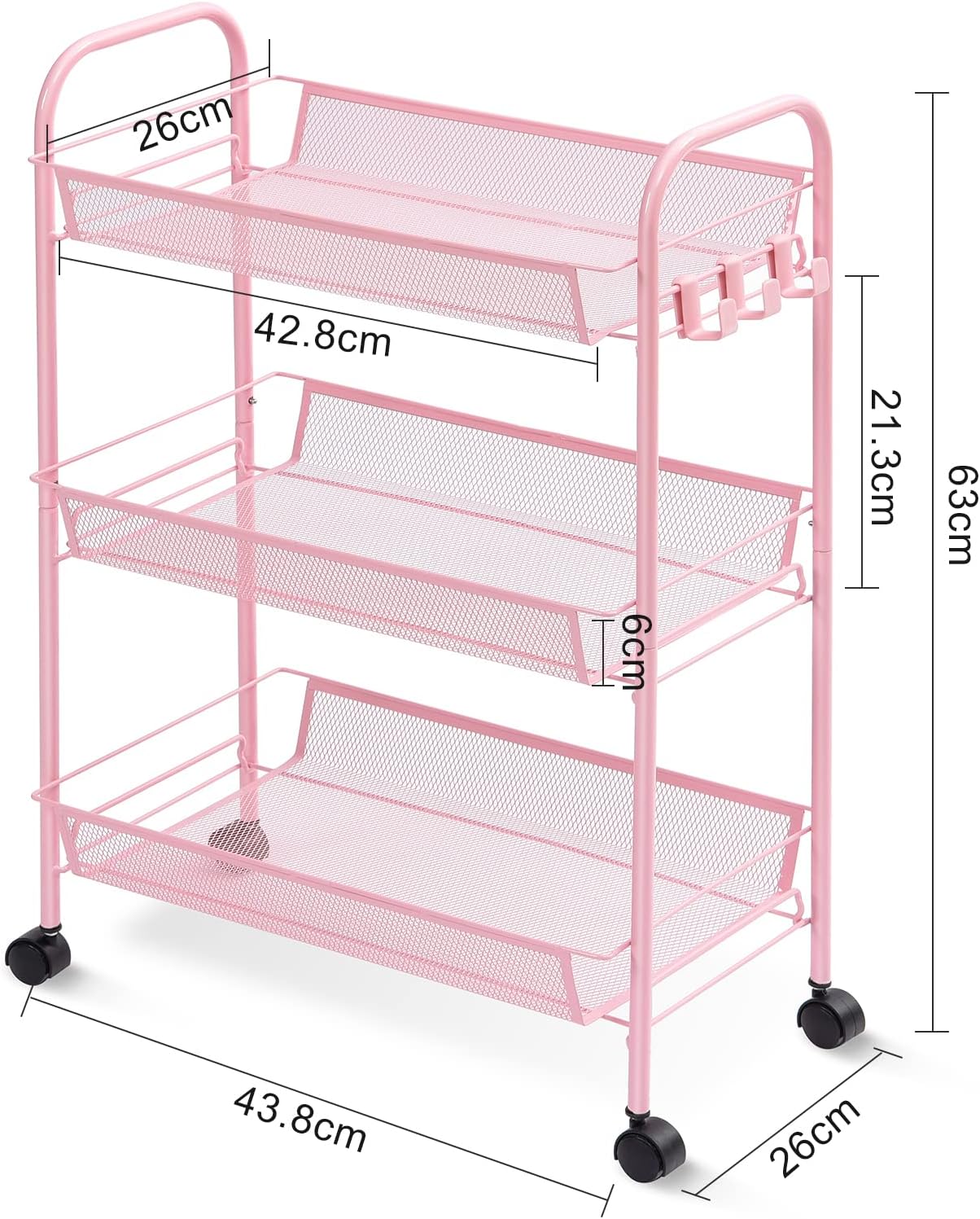 3-Tier Metal Rolling Cart Storage Trolley on Wheels with 3 Hooks for Kitchen Bathroom Laundry Room