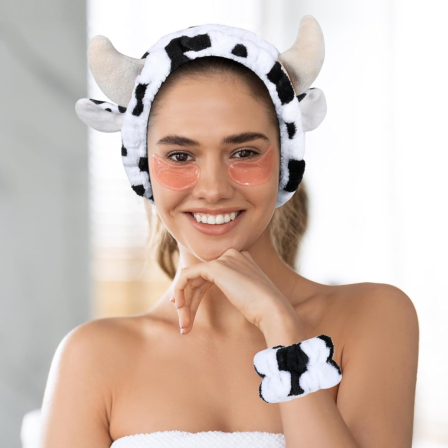 3-Piece Cow Print Spa Wrist Band Cuffs Hair Scrunchy Set